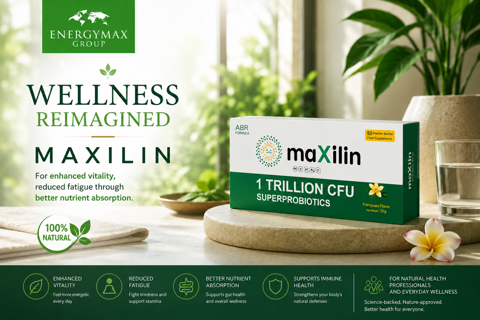 Продуктова визия на Maxilin с кутия и чаша вода